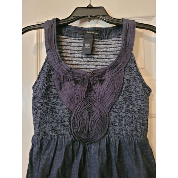 Calvin Klein Jeans Denim Dress Smocked Bodice A-Line Skirt Sleeveless Size Small - Picture 3 of 5